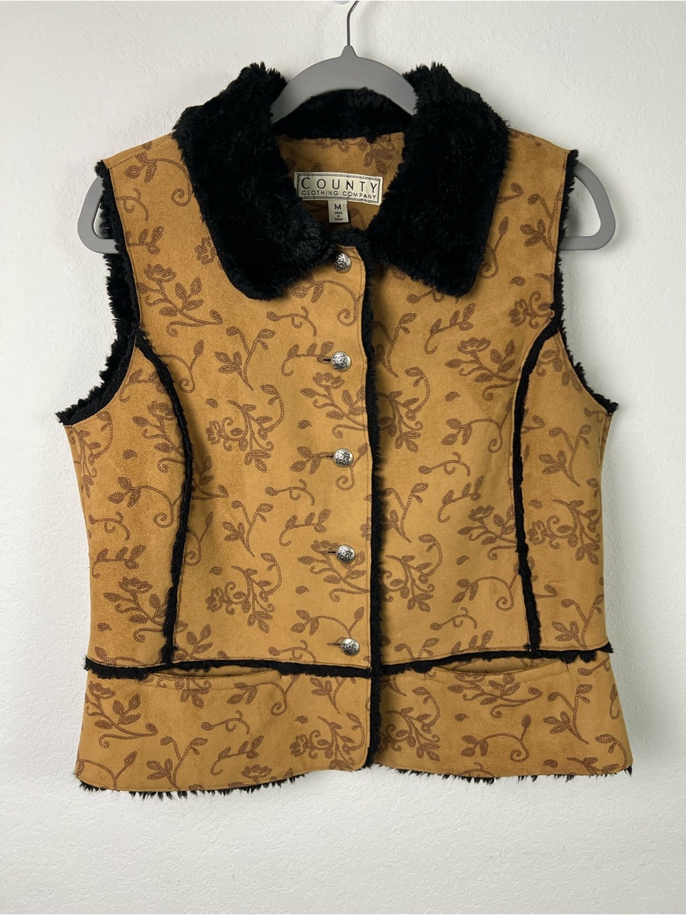 County Clothing Co Floral Vine Print Ornate Western Buttons Faux Fur Vest